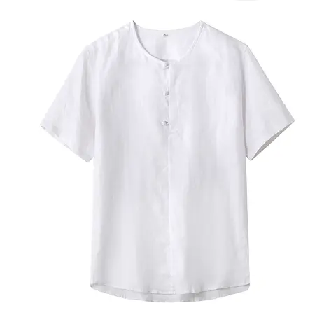 亚麻短袖衬衫男宽松圆领休闲夏季薄款上衣男士宽松日系复古衬衣潮商品大图