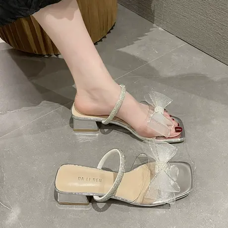 凉鞋女夏季2022新款仙女蝴蝶结气质法式小高跟鞋水钻凉拖鞋女外穿商品大图