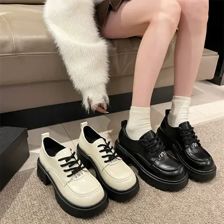 厚底百搭乐福鞋女2024春秋季新款配裙子粗跟单鞋英伦风圆头小皮鞋图片