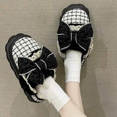 蝴蝶结棉拖鞋女可爱秋冬季新款室内家居保暖厚底女士家用毛毛拖鞋图片