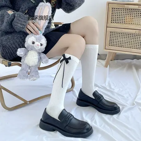 甜酷少女飘带长筒袜日系蝴蝶结jk百搭小腿袜纯色可爱制服及膝袜子商品大图