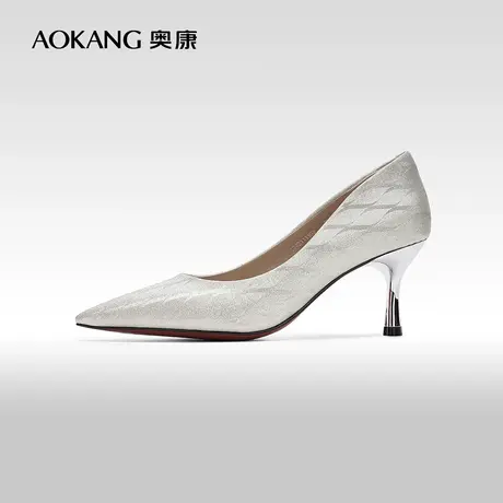 【门店发货】奥康女鞋 2024春季新款银色高跟鞋细跟婚鞋秀禾鞋图片