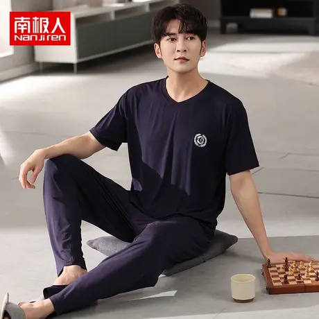 南极人莫代尔睡衣男士春季短袖长裤青年男款纯棉绸简约家居服夏天图片
