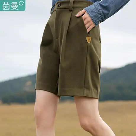 茵曼毛呢西装短裤女2023新款秋冬季高腰休闲裤子百慕大中裤五分裤商品大图
