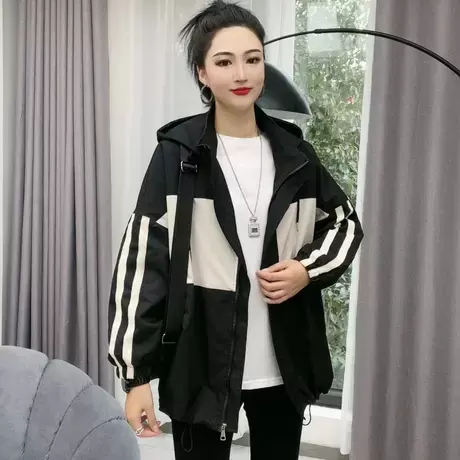 字母连帽加棉外套女2023春季新款港味宽松时尚撞色夹克风衣棒球服商品大图
