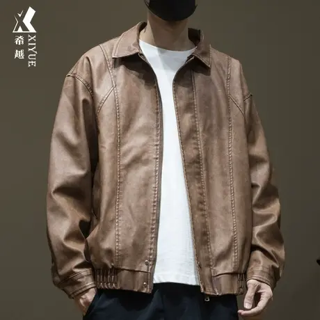 希越美式复古做旧PU皮衣男秋季宽松大码翻领拼接休闲潮流外套上衣商品大图