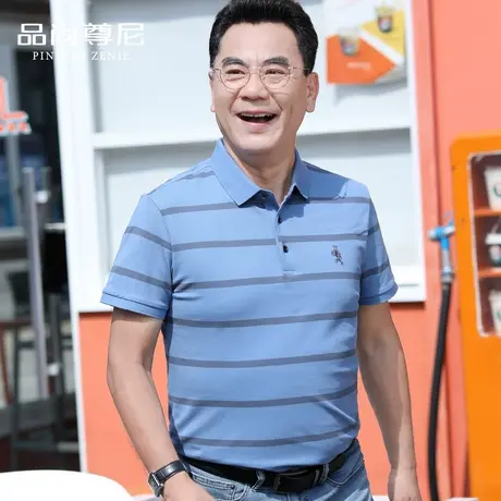 男士t恤短袖舒适纯棉条纹刺绣商务休闲Polo领上衣中老年爸爸夏装商品大图