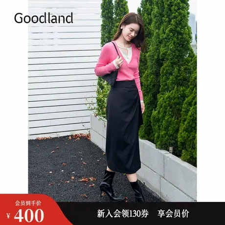 Goodland美地秋季法式褶小黑裙收腰飘带半身裙图片