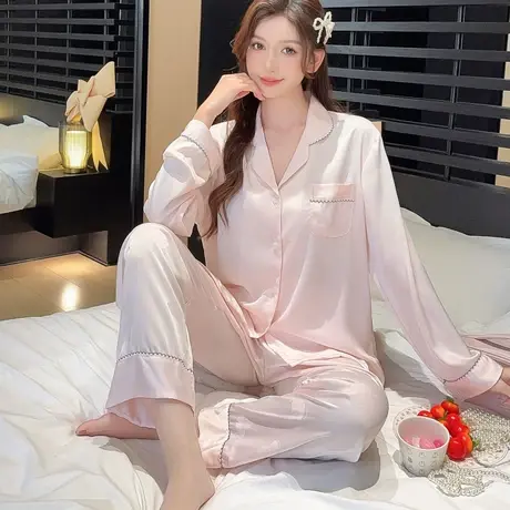 高级感冰丝睡衣女长袖春秋款丝绸薄款夏季开衫家居服仿真丝套装商品大图