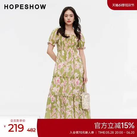 红袖outlets2024夏季新款女装度假风印花收腰方领套头连衣裙图片
