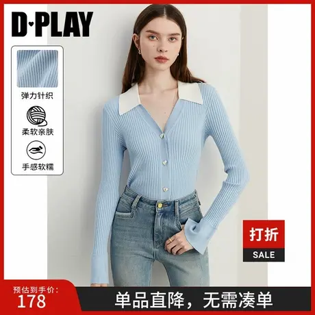 DPLAY2025年春季新款蓝色毛衣女修身针织开衫翻领打底衫上衣商品大图