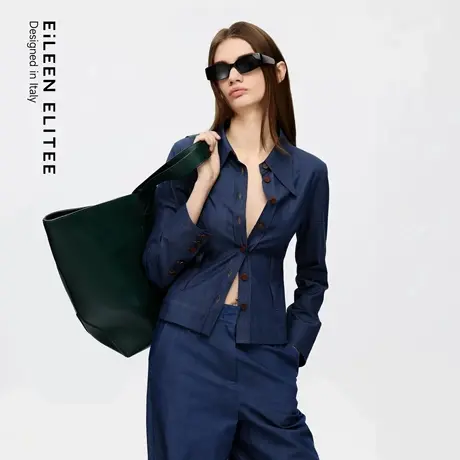 朗姿欧洲EiLEEN ELITEE2025秋新款高级100%棉修身短款牛仔衬衫女图片