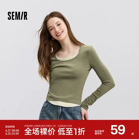 森马长袖T恤女短款假两件拼色内搭简约春季紧身套头衫时尚小个子图片