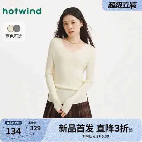 热风2025年2025年秋季新款女士修身V领针织衫显瘦百搭长袖上衣商品大图