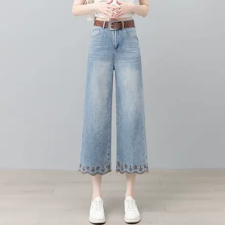 拉夏贝尔2025夏新款牛仔裤女洋气重工刺绣直筒裤薄款阔腿裤八分裤图片