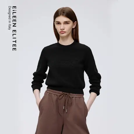 朗姿黑色圆领压印长袖针织衫女欧洲EiLEEN ELITEE2025年冬季新款商品大图