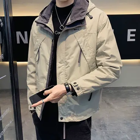 连帽外套男士韩版潮流春秋季2023新款工装冲锋衣男装休闲夹克春装商品大图