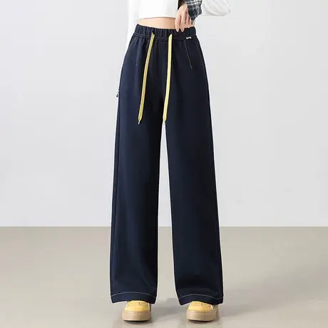 仿牛仔直筒裤女2025秋季新款松紧腰百搭休闲裤显瘦窄版阔腿长裤子商品大图