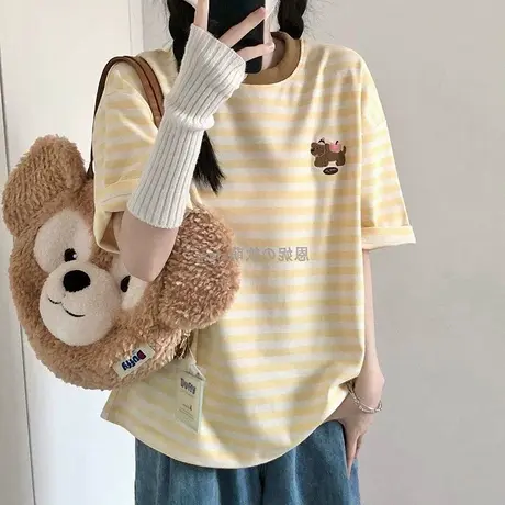 2025夏季设计感短袖卡通宽松休闲条纹短袖t恤女圆领刺绣上衣商品大图