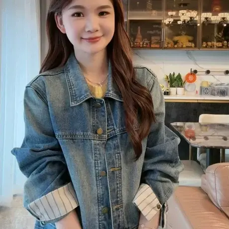 条纹袖短款牛仔外套女小个子早春秋复古做旧袖子拼接工装夹克上衣图片