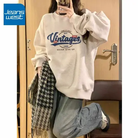 KV真维斯灰色圆领卫衣女2025新款爆款秋冬加绒加厚美式慵懒风无帽商品大图