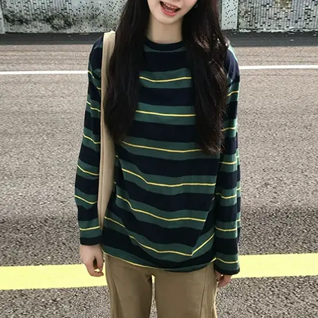 美式撞色圆领条纹长袖T恤女春秋装宽松韩版内搭打底衫纯棉上衣潮图片