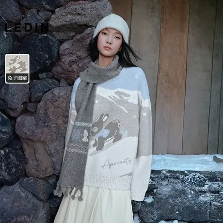 乐町滑雪兔宽松毛衣女冬季新款银丝雪山大图圆领毛针织衫商品大图
