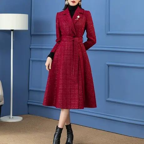 红色小香风外套女2023秋季新款时尚气质中长款收腰显瘦呢子大衣女图片