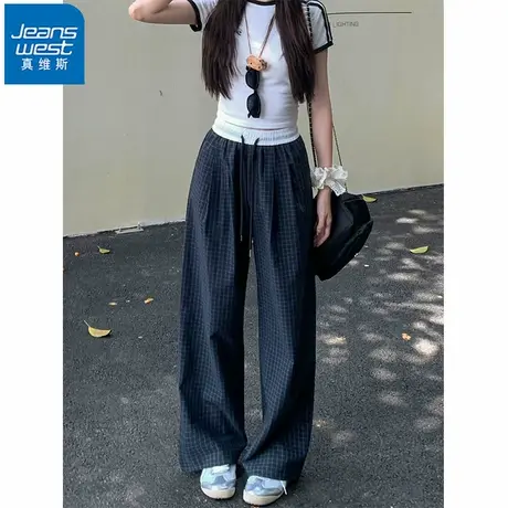 NR真维斯藏青色格子阔腿休闲裤女初秋新款慵懒显瘦松紧腰直筒长裤商品大图