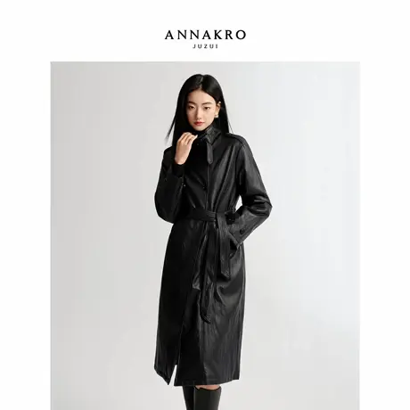 玖姿安娜蔻摩登都市腰带收腰PU皮风衣式长款外套女2026春季新款图片