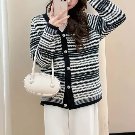 唐狮秋冬女毛衣设计感条纹V领针织开衫女春秋外套高级感时尚TD图片