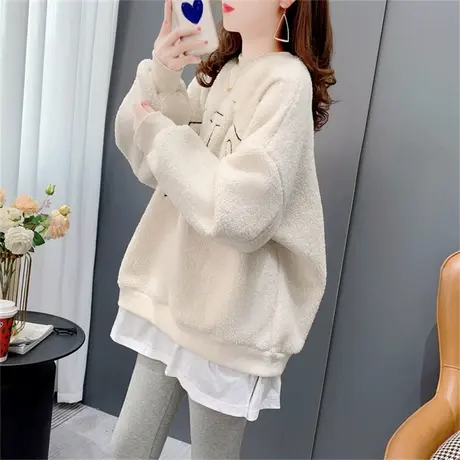 假两件羊羔毛套头卫衣女加绒加厚秋冬2022年新款ins潮慵懒风上衣商品大图