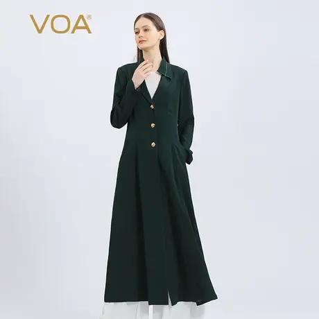 VOA双面乔真丝40姆米翻领茶绿色明线装饰收腰显瘦长款桑蚕丝外套图片