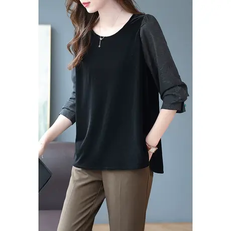 宝诗黎圆领丝绒拼接雪纺衫内搭宽松休闲女装2023新款长袖早秋上衣图片