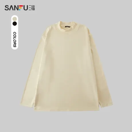 三福2023冬男士简约纯色重磅长T恤 休闲宽松坑条中领上衣477161商品大图