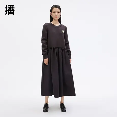 播秋季新款舒适圆领上下拼接圆领连衣裙女BDP3LD0418图片