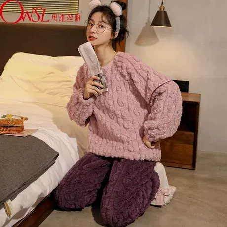 睡衣女春秋冬季珊瑚绒加厚加绒法兰绒冬天新款外穿家居服商品大图