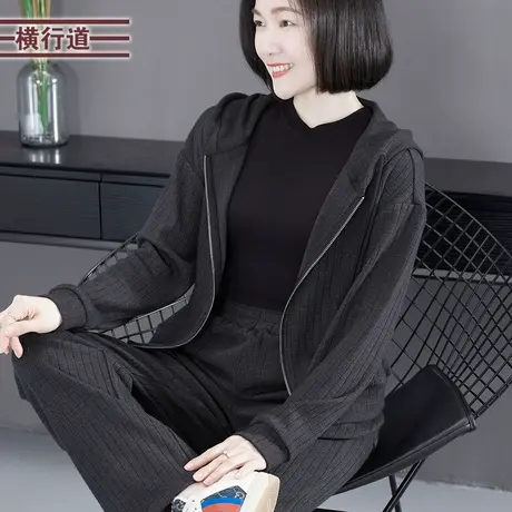 2023冬季新款纯色简约连帽抽绳坑条加厚宽松长袖外套女休闲装外穿商品大图