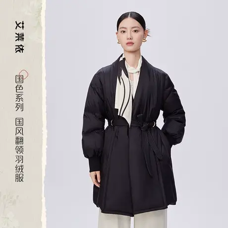 艾莱依国风羽绒服女2023新款鹅绒系带收腰中长款气质翻领冬季外套商品大图