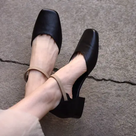 Artmu阿木原创文艺2023新款包头一字带凉鞋女粗跟方头中空单鞋商品大图