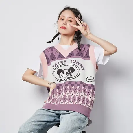 唐狮秋冬新款女图案提花套头可爱卡通毛衫背心图片