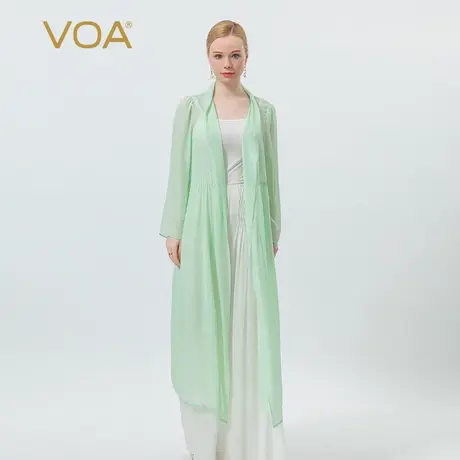 VOA真丝乔其豆绿围巾领长袖立体褶皱装饰微透中长桑蚕丝开衫外套商品大图