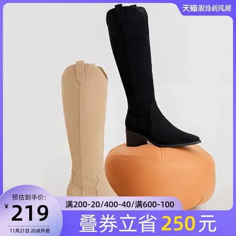 奥康女鞋新款冬季新款透气时尚休闲西部牛仔靴尖头粗跟潮流长筒靴图片