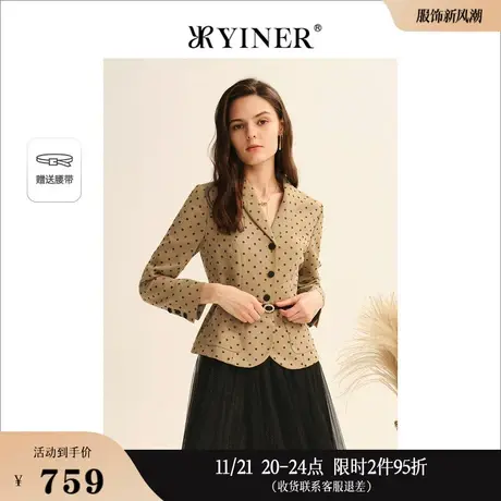 YINER音儿线上专选女装秋季印花收腰职场小西装休闲外套配腰带图片