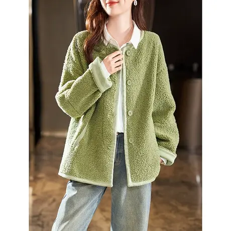 宝诗黎圆领羊羔毛摇粒绒外套女2023春秋季新款宽松单排扣开衫上衣商品大图