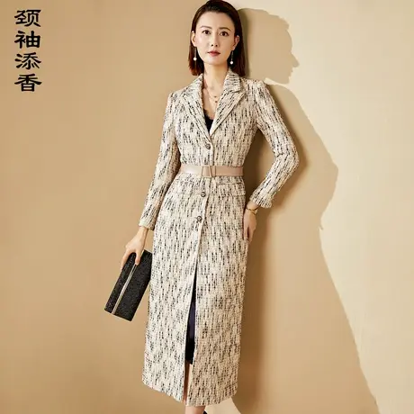 颈袖添香2023春秋新款风衣女装时尚修身梭织过膝中长外套风衣商品大图