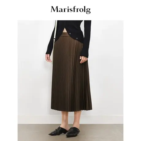 【商场同款】玛丝菲尔2023年秋季新款深咖色时尚休闲百褶半身裙商品大图