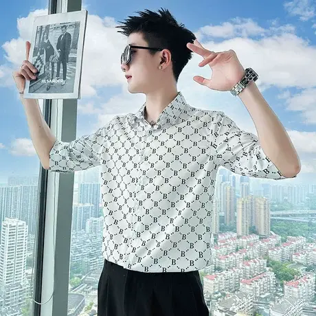 夏季满印字母短袖衬衫男2023新款小众潮牌潮男修身发型师半袖衬衣商品大图