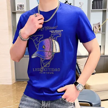 2023夏季薄款短袖t恤男潮流烫钻380g圆领半袖打底衫男士体恤上衣T商品大图