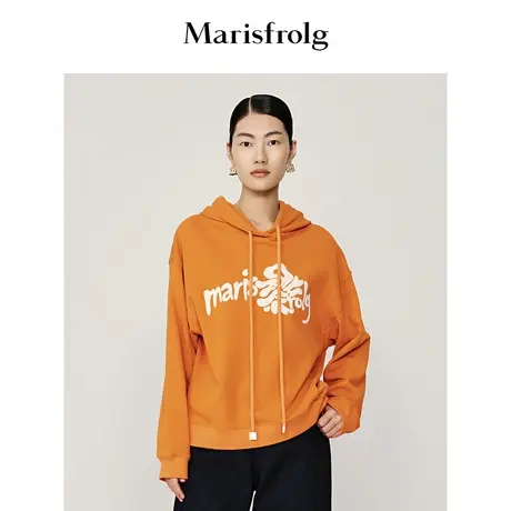 #多巴胺穿搭# 玛丝菲尔冬季橙色连帽套头印花宽松卫衣商品大图